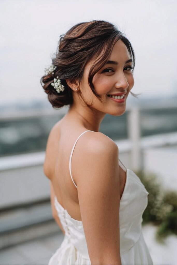 Low side roll hairstyle for bridesmaids with classic smooth styling