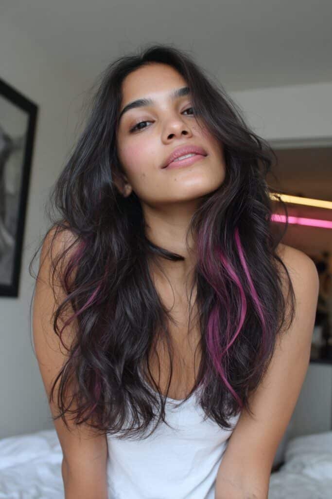 dark medium length hair with hidden magenta peekaboo highlights