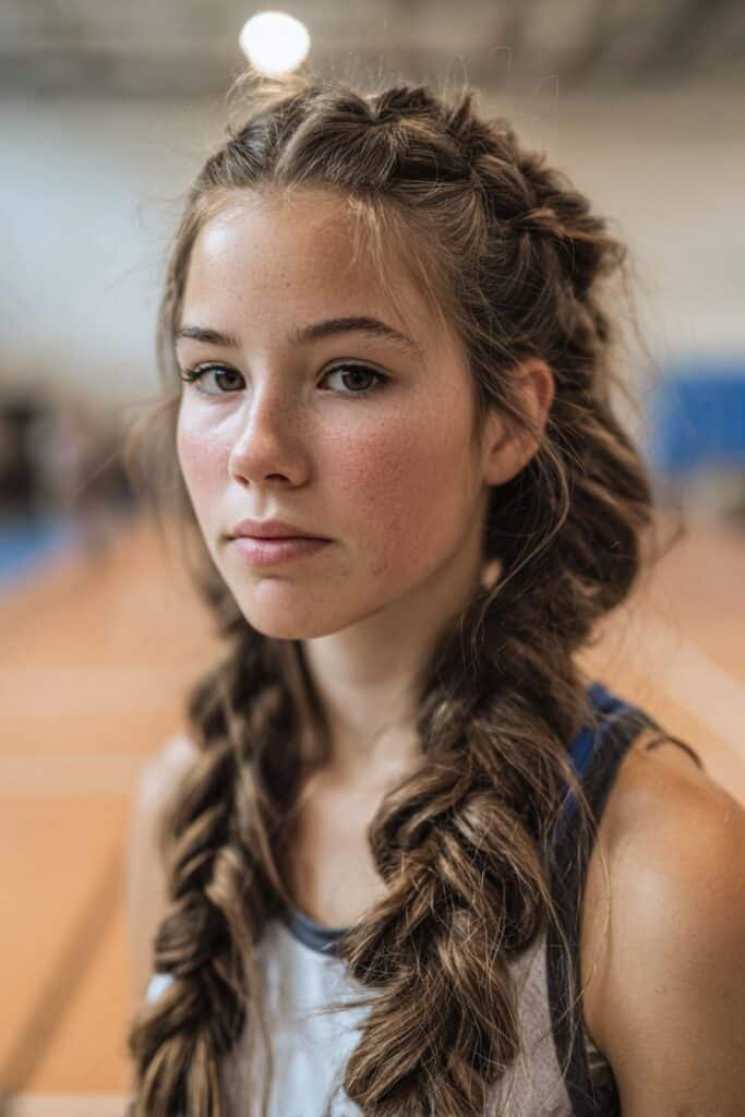 girl athlete with mermaid braid basketball hairstyle