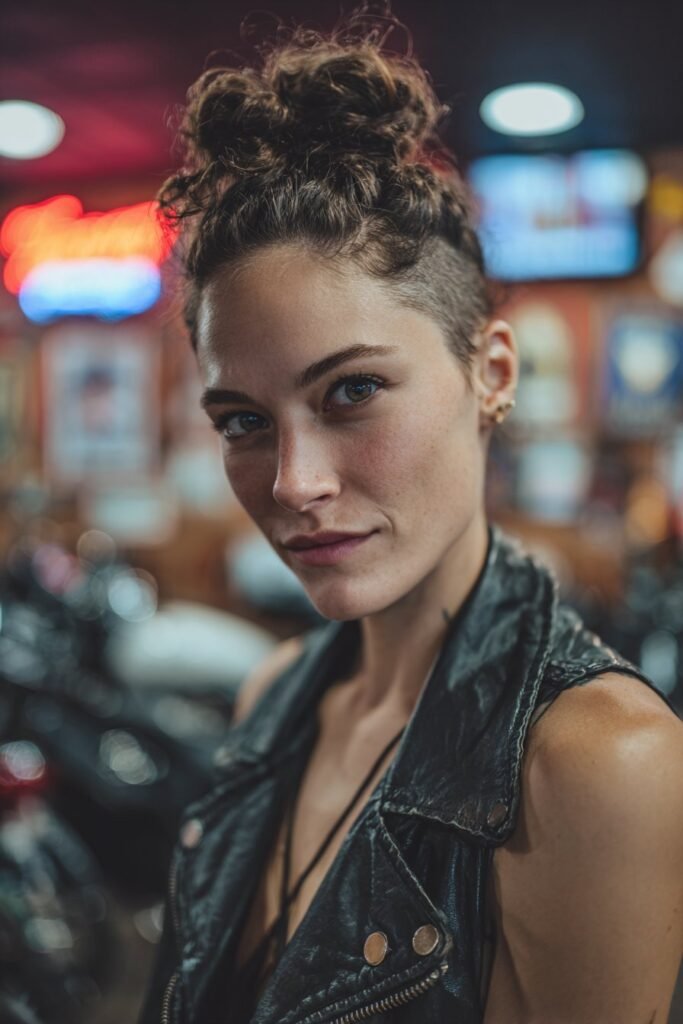Edgy biker woman with a messy top knot hairstyle for a bold riding style.