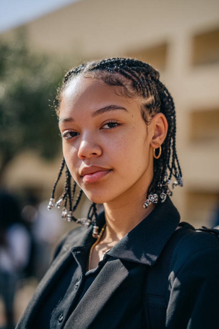 girl with mini braids and beads on 4c hair