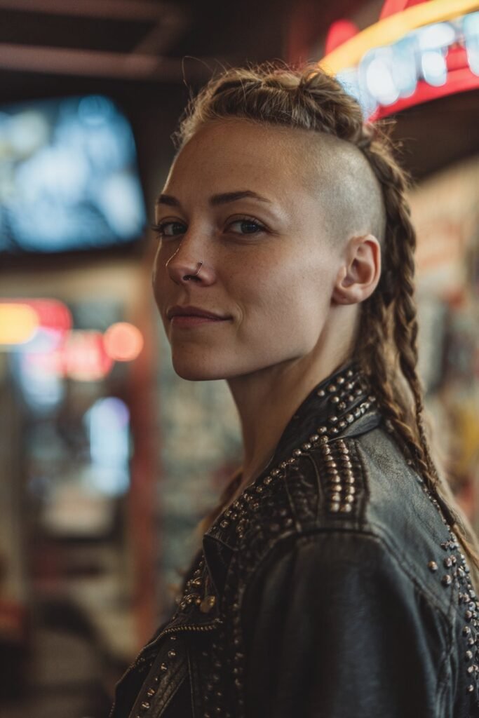 Rebellious biker woman wearing a braided mohawk hairstyle with shaved underneath sides.