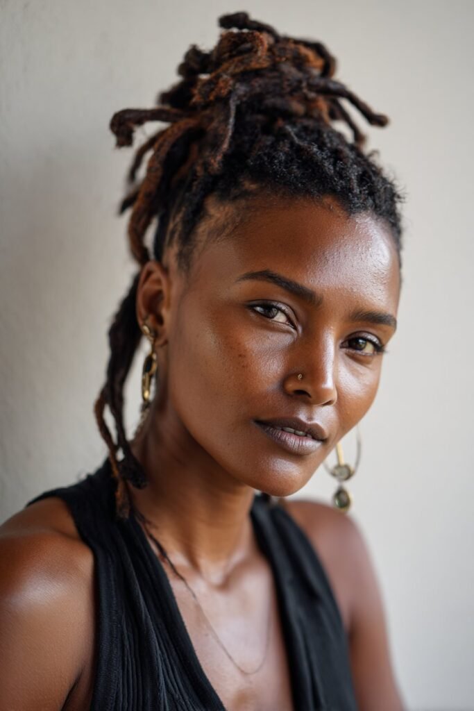black woman with mohawk inspired center part dreadlocks style