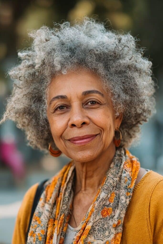 older woman with natural curly afro hairstyle and full rounded curls