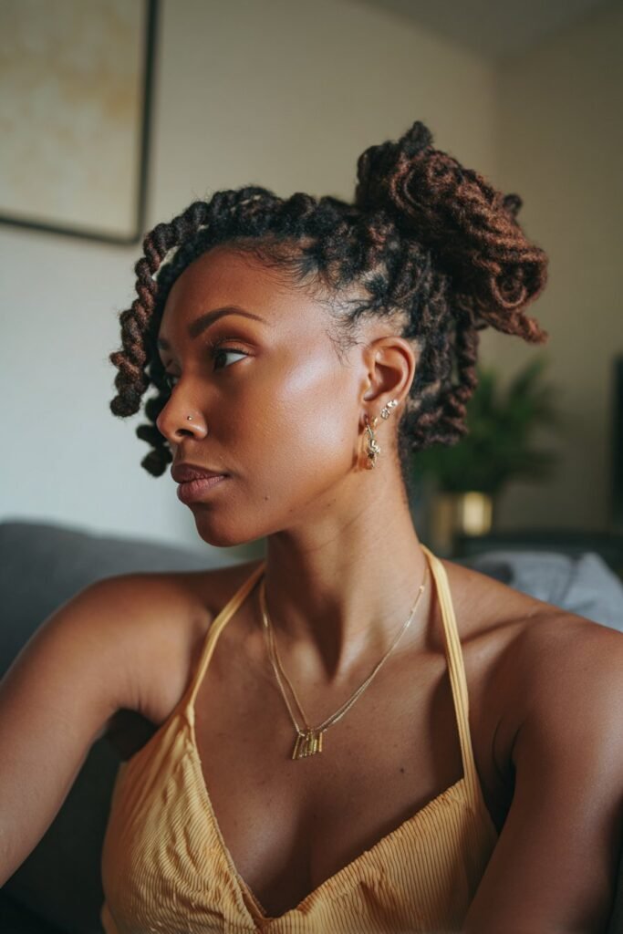 black woman with ombre brown fishtail loc updo hairstyle
