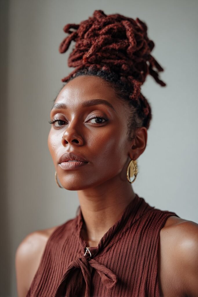black woman with passion red locs styled into elegant high bun