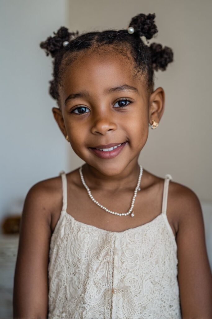 Bantu knots curly kids hairstyle with pearls