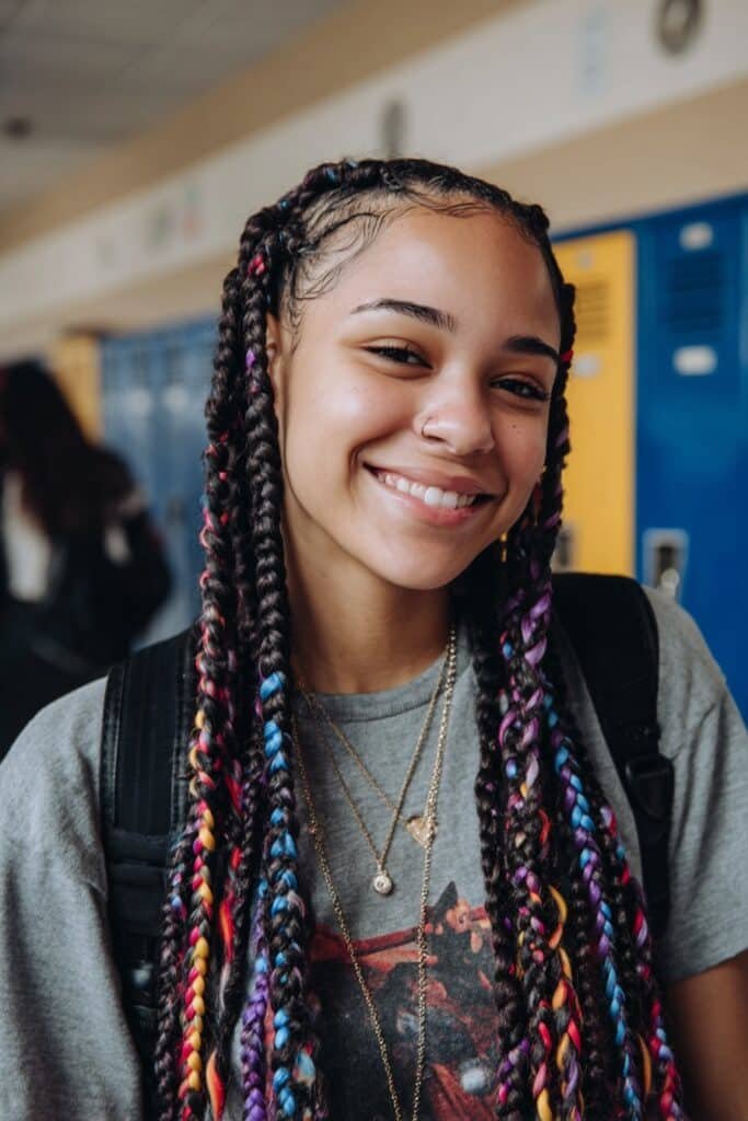 woman with knotless braids and hidden peekaboo highlights between cornrow sections