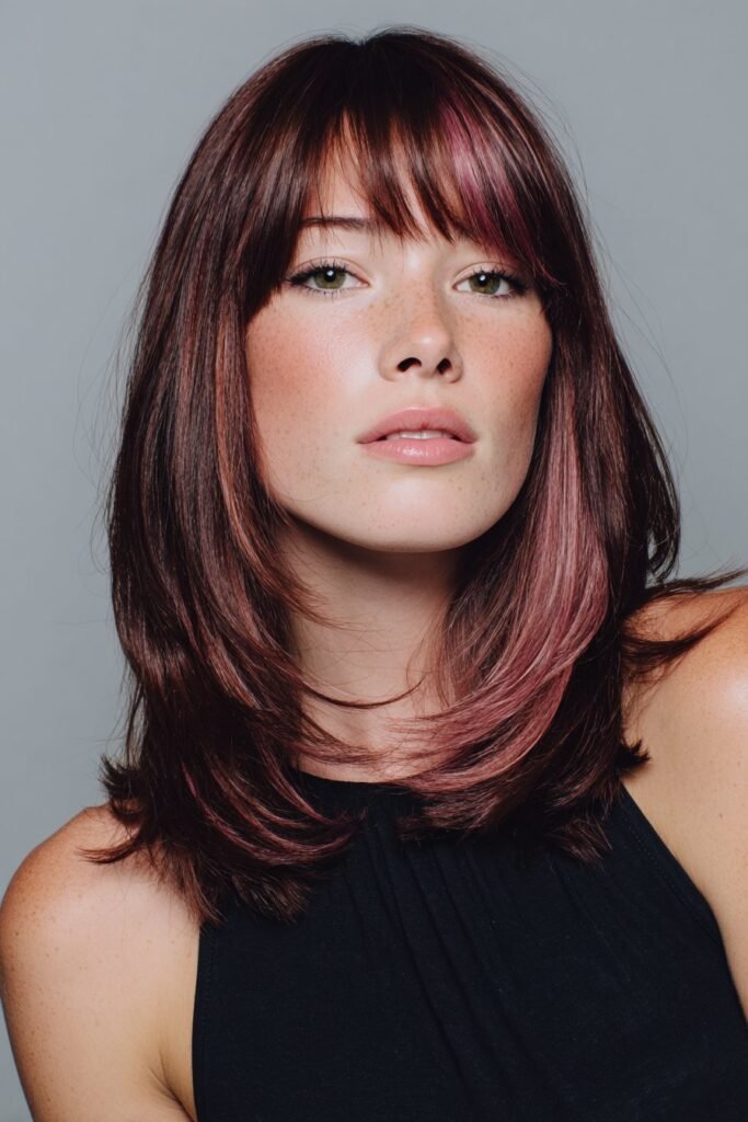 middle part hairstyle with pink peekaboo tinted bangs under darker layer
