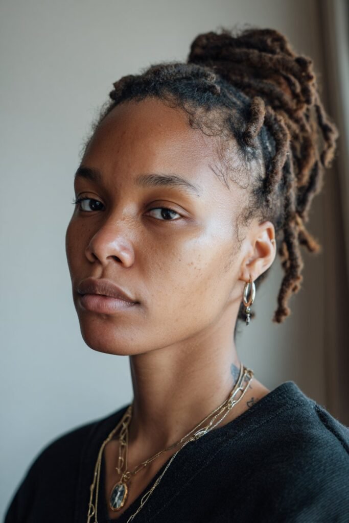 black woman with pinned back dreadlocks and volume on top
