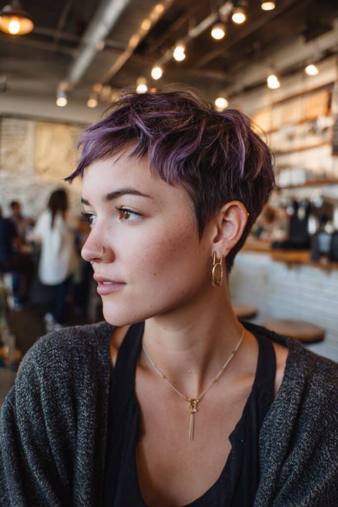 textured pixie cut with hidden purple peekaboo highlights beneath top layer
