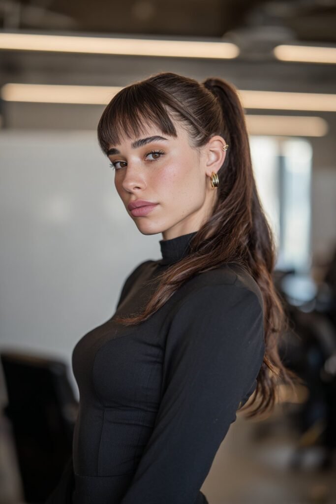 Polished ponytail with side part bangs on long hair portrait style.