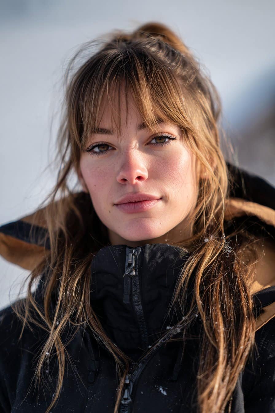 Bubble ponytail snowboarding hairstyle with feathered bangs