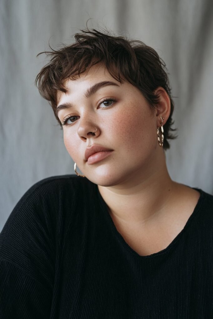 razored pixie with soft curtain bangs framing the face