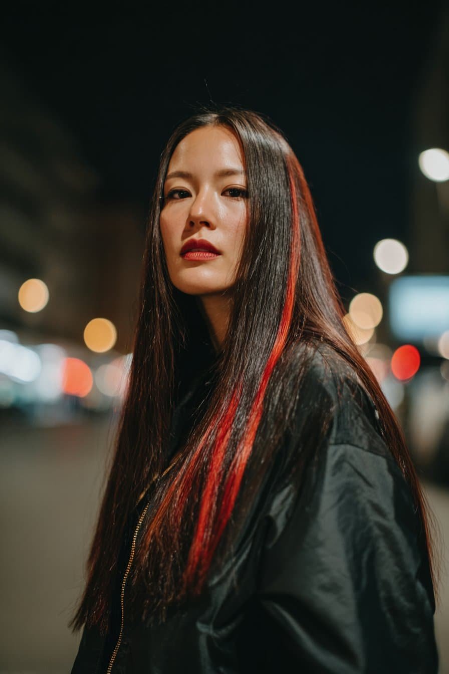 sleek black hair with bright red peekaboo highlights under layers