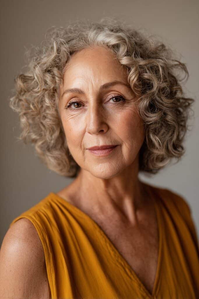 older woman with rounded curly crop hairstyle and tight defined curls