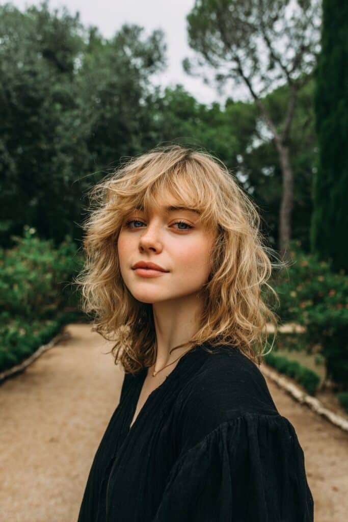 sandy blonde shag haircut with middle parted curtain bangs