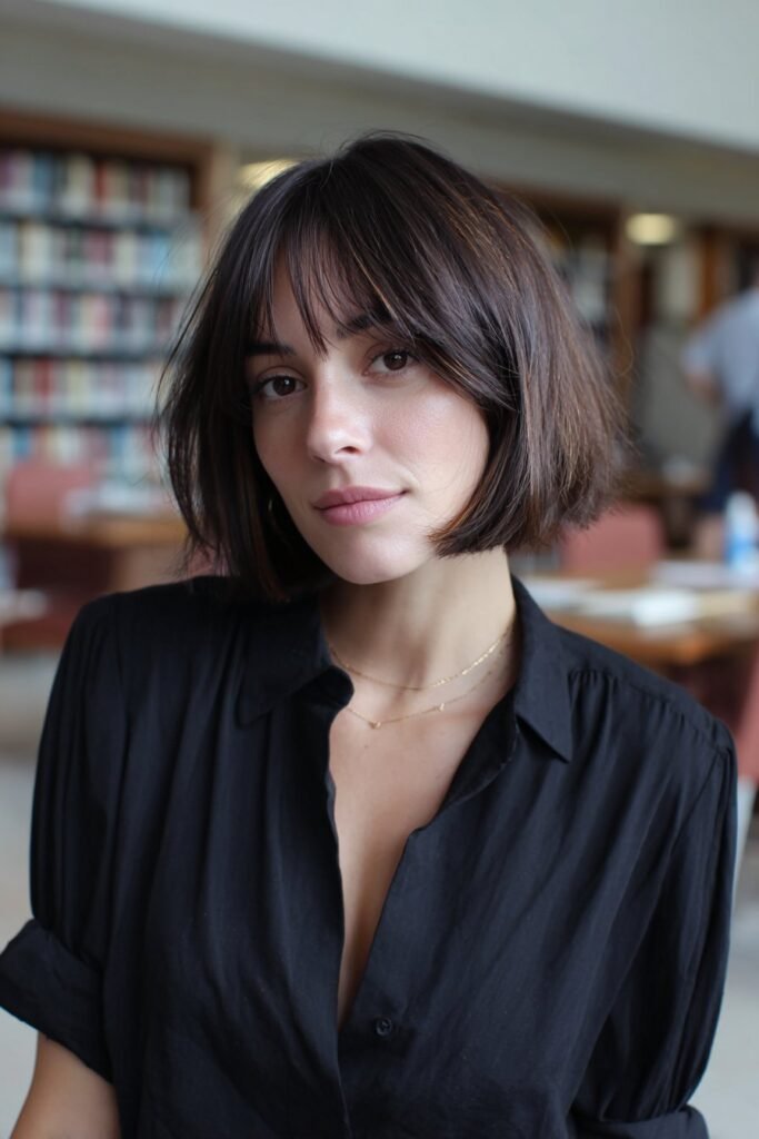 short bob with curtain bangs revealing subtle peekaboo color underneath