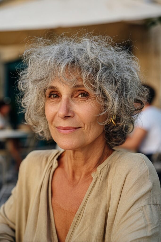 short curly shag hairstyle with tousled curls on an older woman