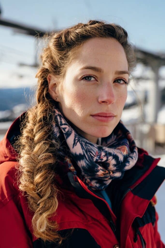 Side braid ski hairstyle for curly hair with neck buff