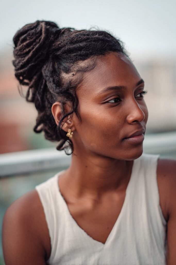 black woman wearing side bun made from natural dreadlocks