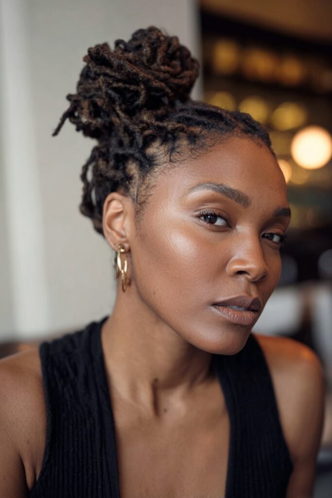 black woman with side part micro locs styled into neat bun
