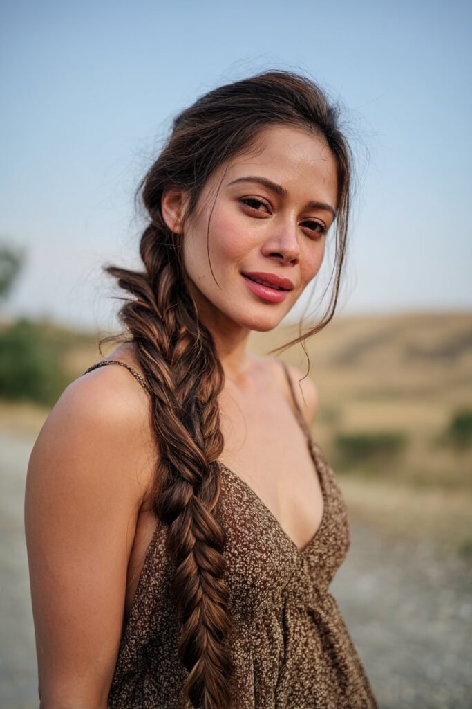 Side part hairstyle for long hair with fishtail braid over the shoulder