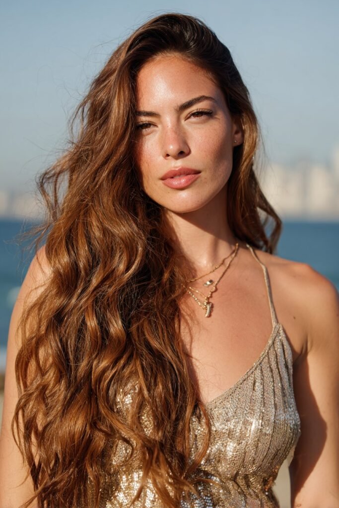 Mermaid waves side part hairstyle for long hair with shiny defined texture