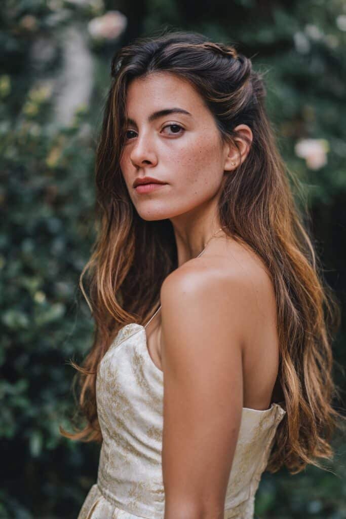 Side part hairstyle for long hair with twisted crown detail and flowy length