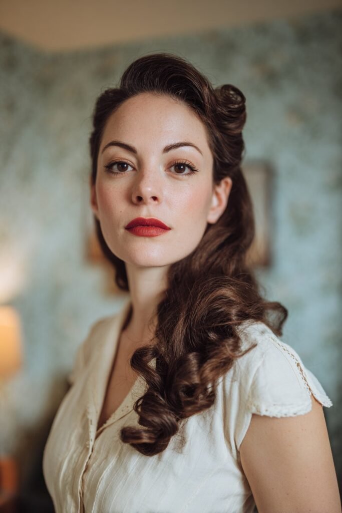 Vintage pin curls with side part hairstyle for long hair and glossy finish
