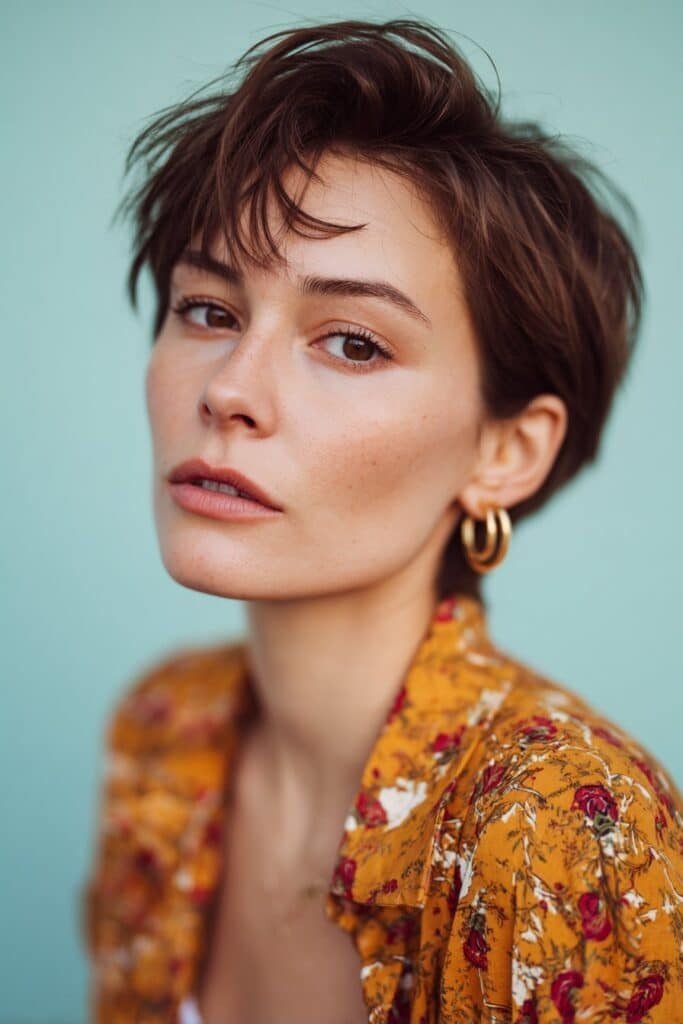 side swept 90s bixie haircut with deep part