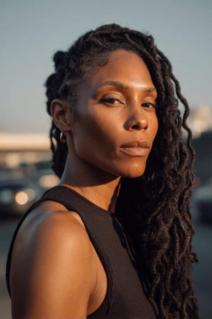 black woman with side swept dreadlocks over one shoulder