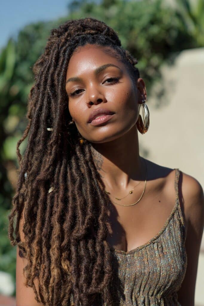 woman with side swept goddess locs and soft volume