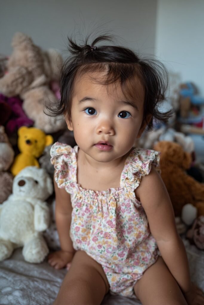 infant baby girl hairstyle with soft side swept hair and clip
