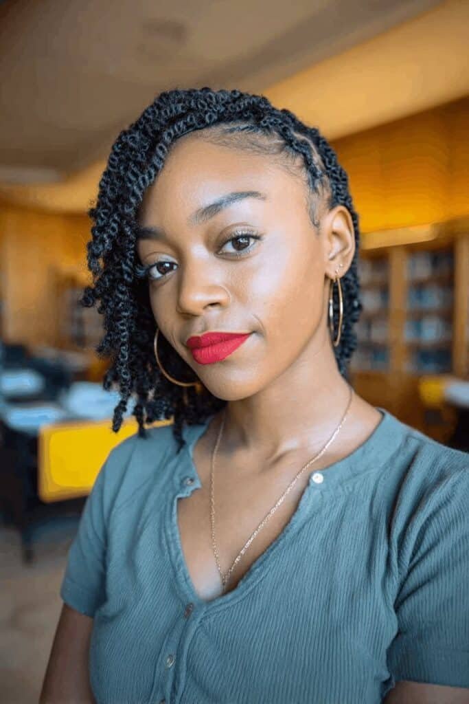 student with side swept twists on natural 4c hair
