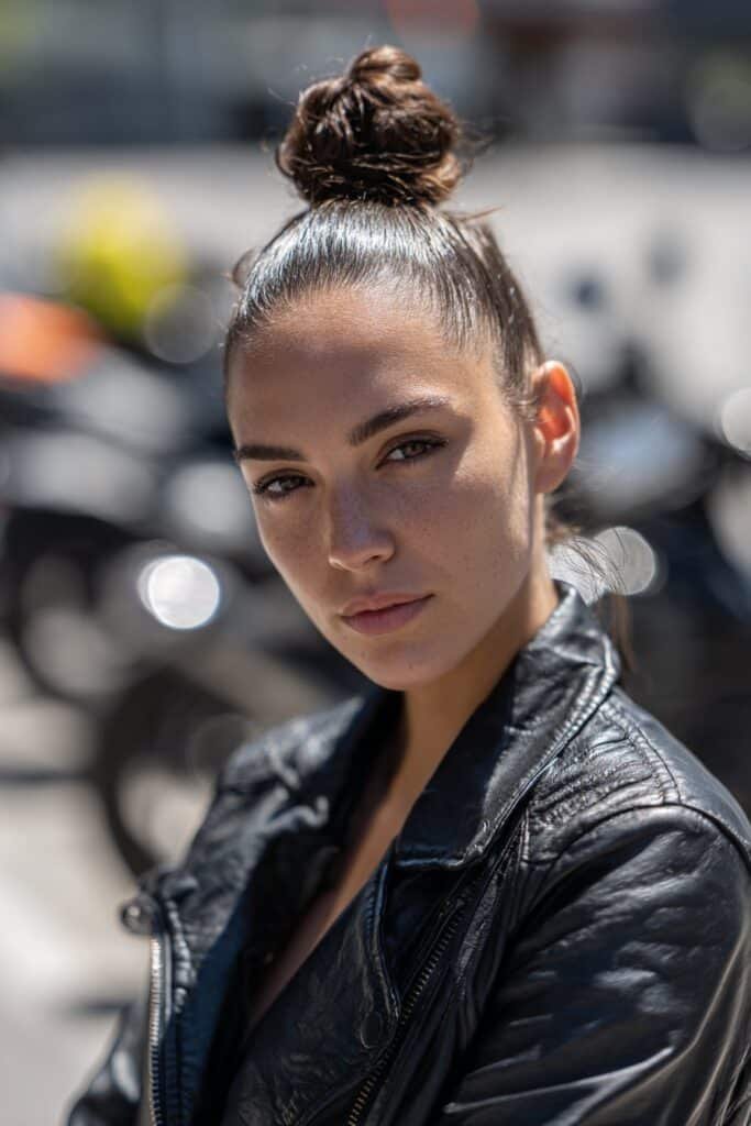Woman wearing a sleek high bun biker hairstyle with a wrapped base and smooth finish.