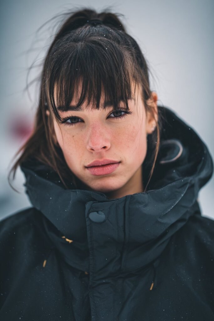 Sleek high ponytail snowboarding hairstyle with micro bangs