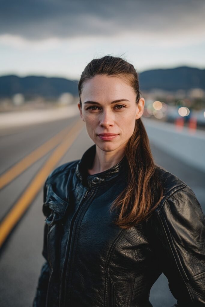 a women showcasing Sleek Low Ponytail hairstyles for women on an open highway background.
