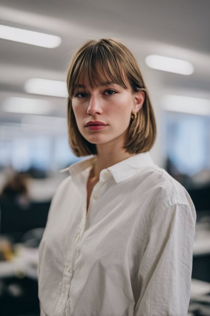 sleek short shag with straight across blunt bangs