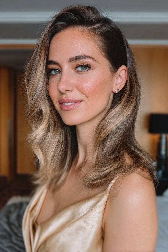 Sleek side part hairstyle for bridesmaids with smooth tucked detail