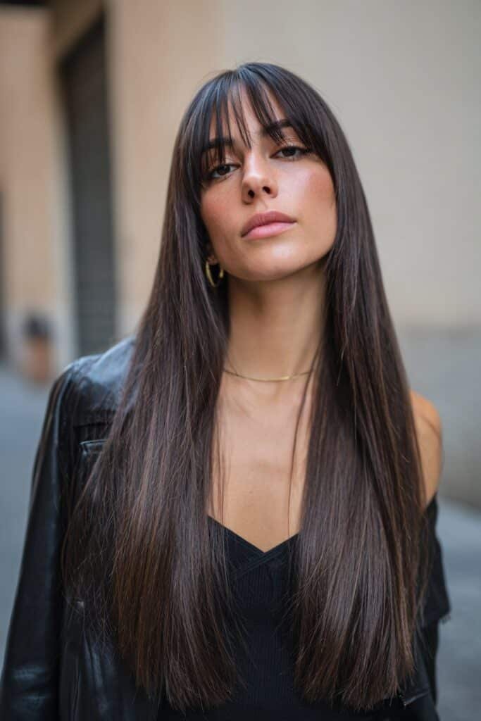 Sleek straight long hair with polished side part bangs on a confident woman.