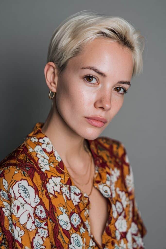 slicked back bixie haircut with glossy finish