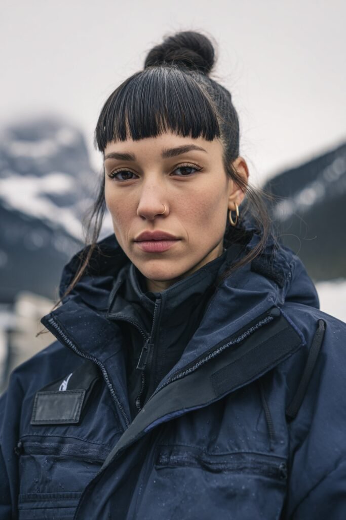 Slicked back low bun snowboarding hairstyle with bangs