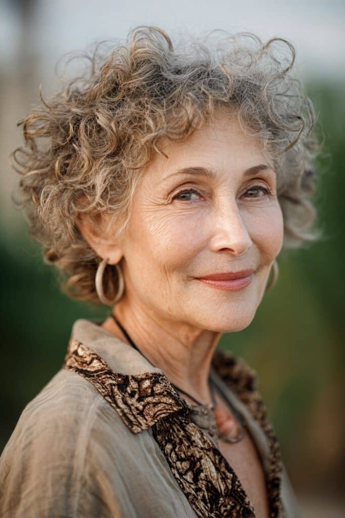 older woman with soft curly layered haircut and gentle curls