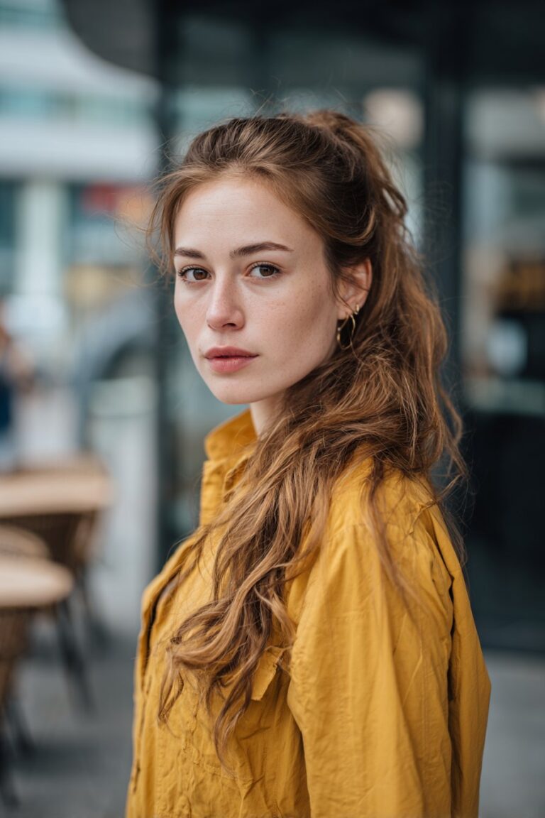 Soft side part hairstyle for long hair with relaxed loose ponytail