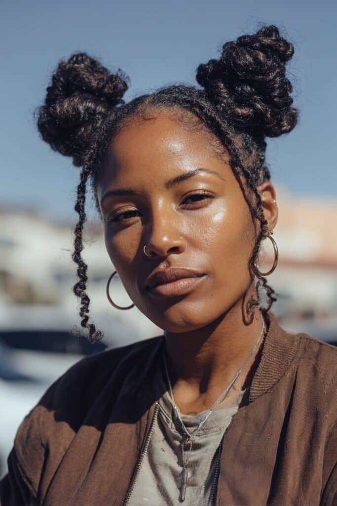 Black woman wearing double space buns with fresh retwisted locs