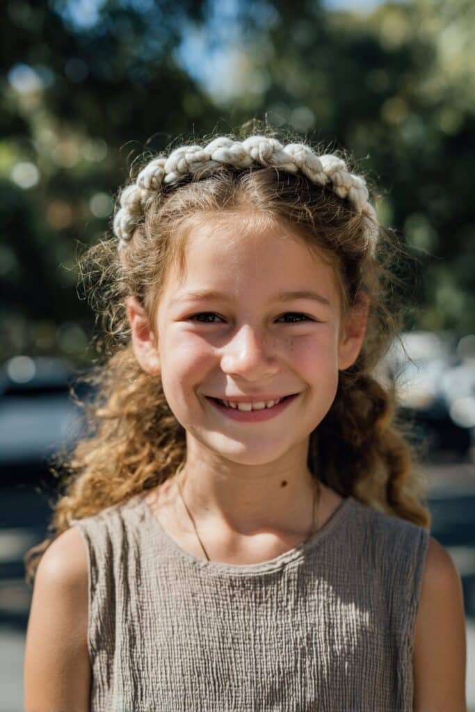 Spiral crown braids styled neatly on curly hair