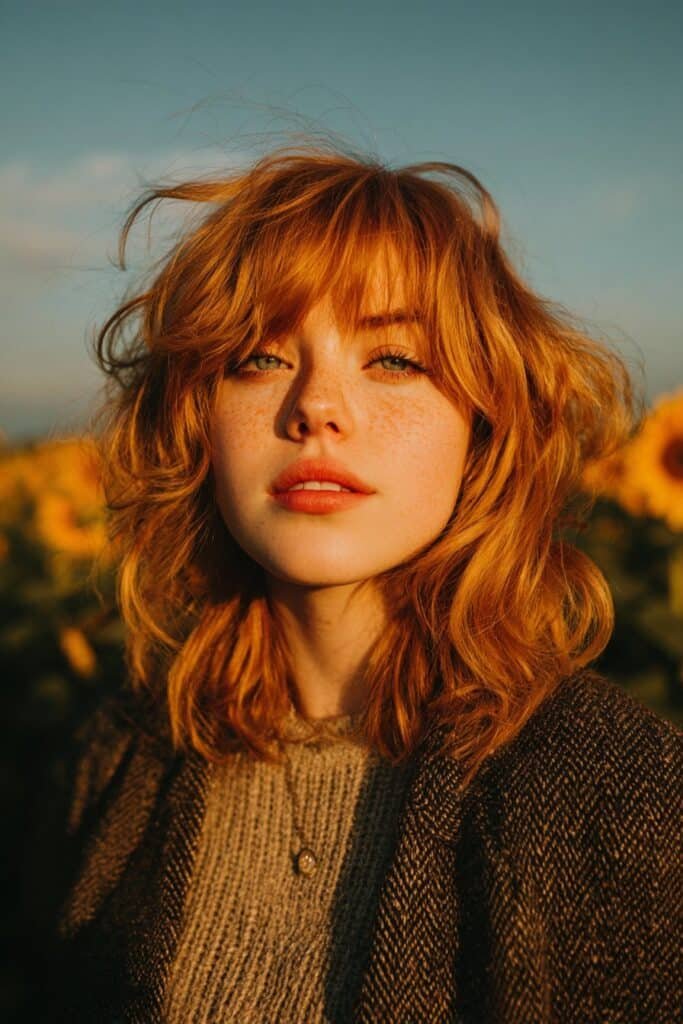 strawberry blonde shag haircut with textured bangs