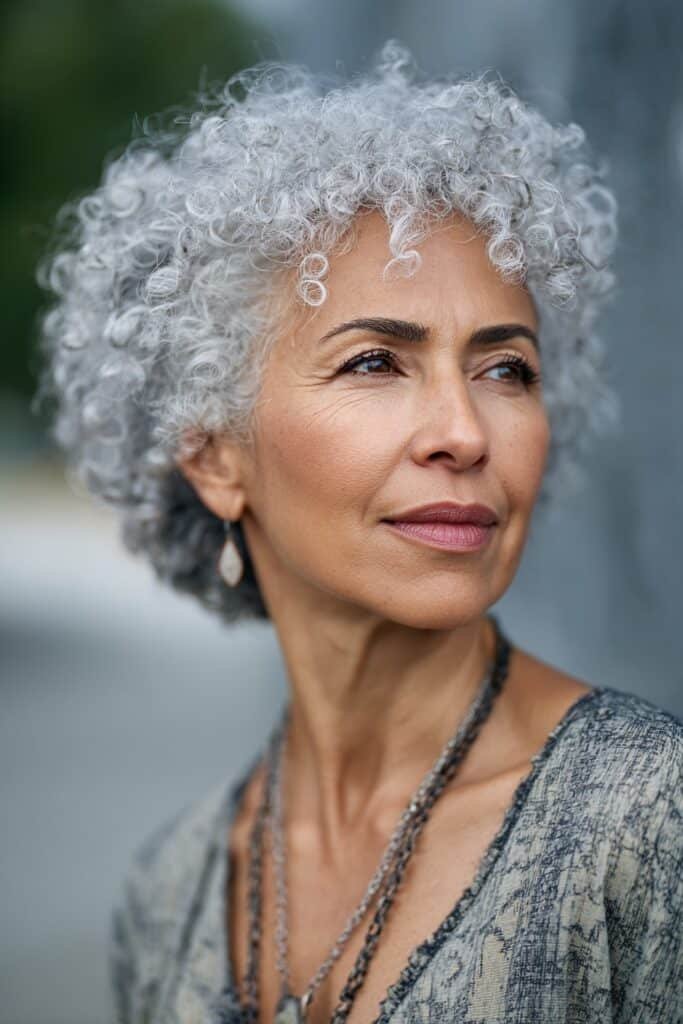 mature woman with tapered curly haircut and full curls on top