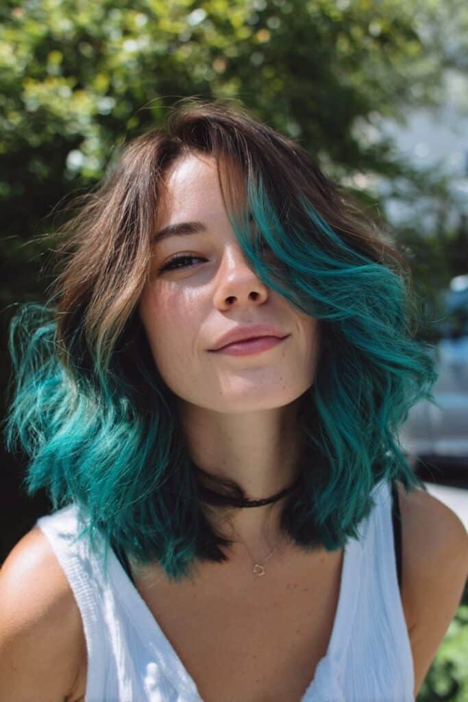 wavy hair with hidden teal blue peekaboo strands revealed with movement